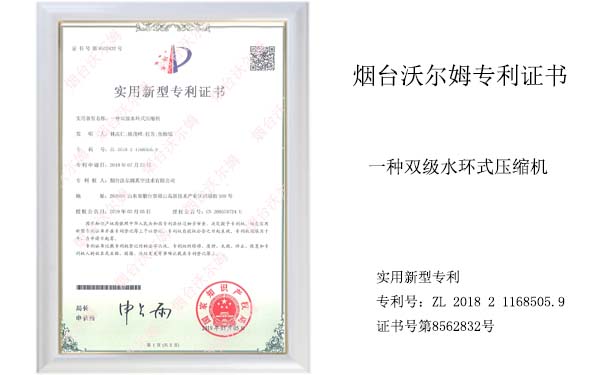 沃爾姆專利證書：一種雙級水環(huán)式壓縮機(jī)